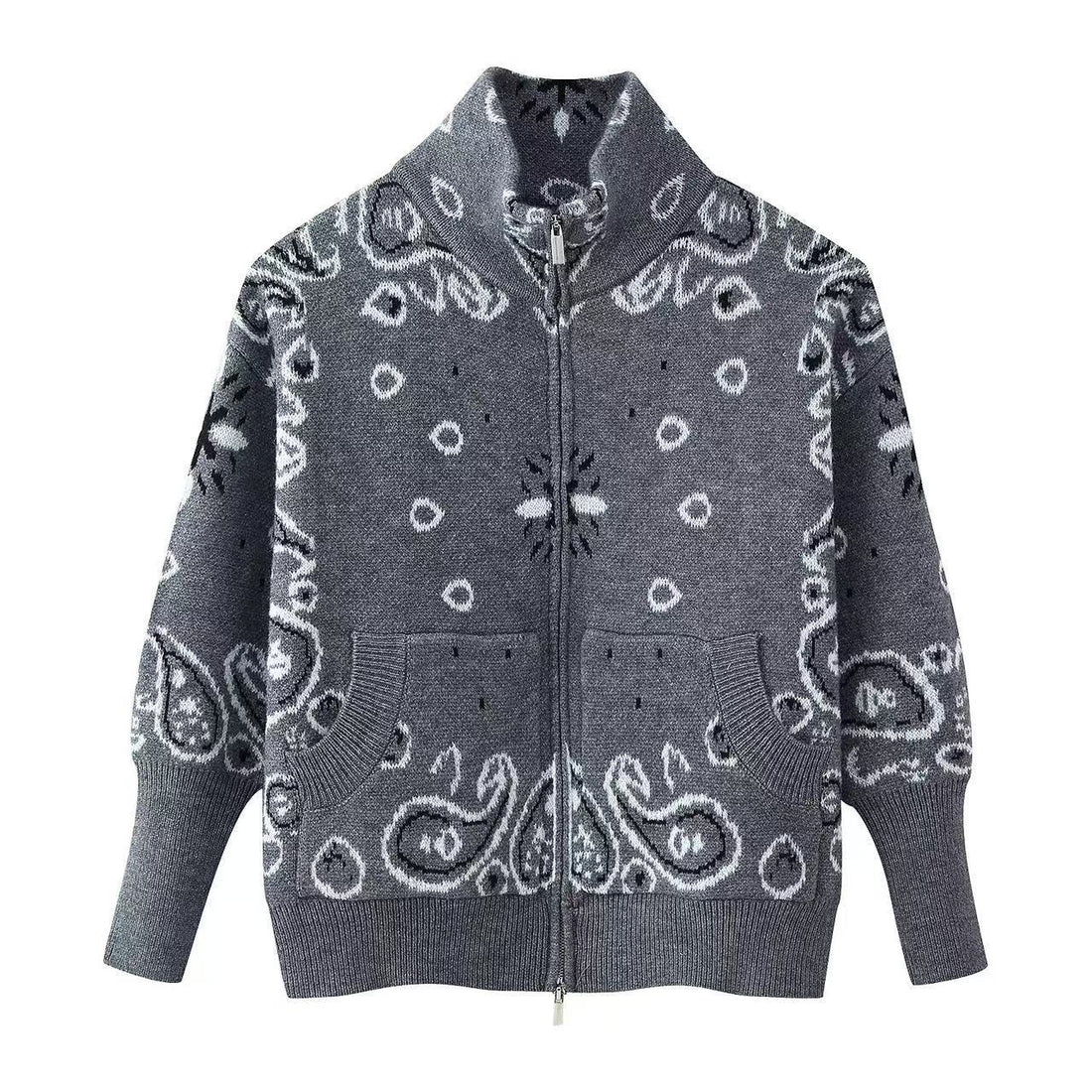 Damen Grobgestrickte Strickjacke mit Reißverschluss, Paisley‑Jacquard und Stehkragen Echoarchiv