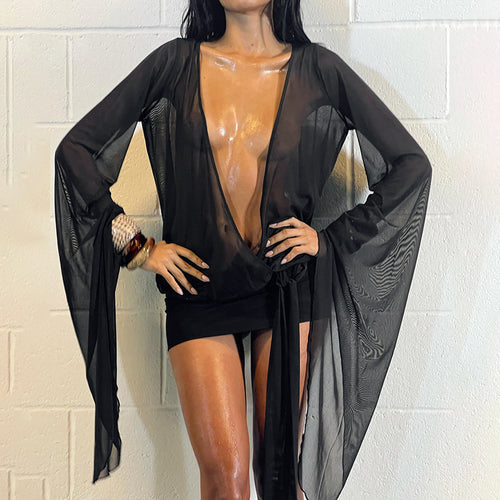 Damen Wickelbluse mit transparenten Ärmeln und figurformendem Design Echo Archiv