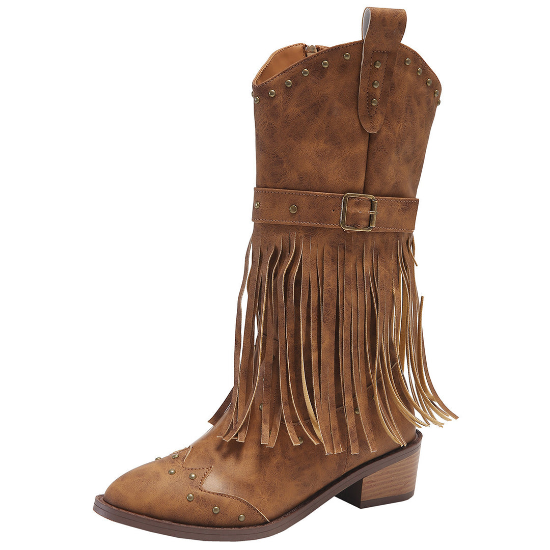 Damen nan Westernstiefel mit Fransen Nieten und Schnallenriemen Echo Archiv