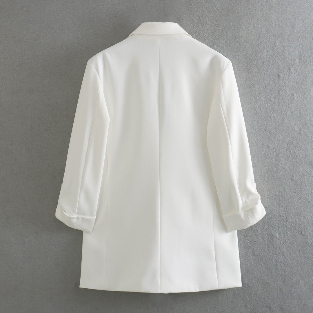 Damen unstrukturierter Longblazer mit kastigem Schnitt, krempelbaren Ärmeln und Paspelklappen – Célinea