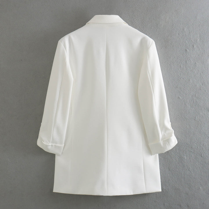 Damen unstrukturierter Longblazer mit kastigem Schnitt, krempelbaren Ärmeln und Paspelklappen – Célinea