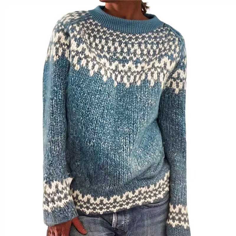 Damen nan melierter Rundhalsausschnittpullover mit kreisförmigem Jacquard-Yoke und geripptem Saum Echo Archiv