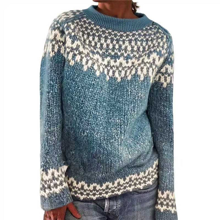 Damen nan melierter Rundhalsausschnittpullover mit kreisförmigem Jacquard-Yoke und geripptem Saum Echo Archiv