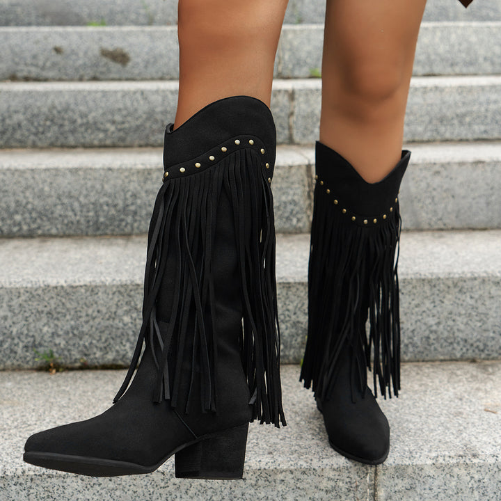 Damen Wadenhohe Wildleder Westernstiefel mit langen Fransen und Ziernieten – Lioré