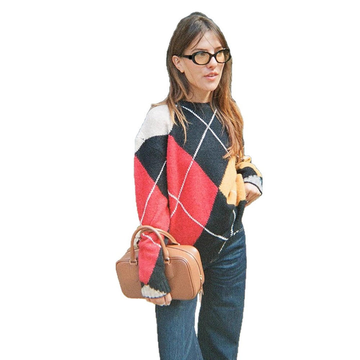 Damen Oversize Argyle-Pullover aus Mohair-Mix mit Rundhalsausschnitt und kontrastierenden Rautendetails Echoarchiv