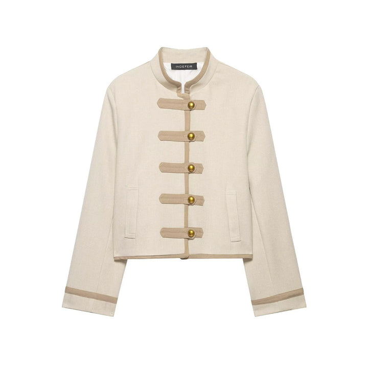 Damen Kurze Jacke im militärisch inspirierten Stil mit Stehkragen und Zierriemen Echo Archiv