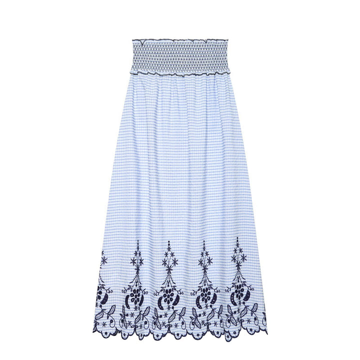 Damen Ärmelloses Maxikleid mit Smokoberteil und floraler Stickerei am Saum Echo Archiv