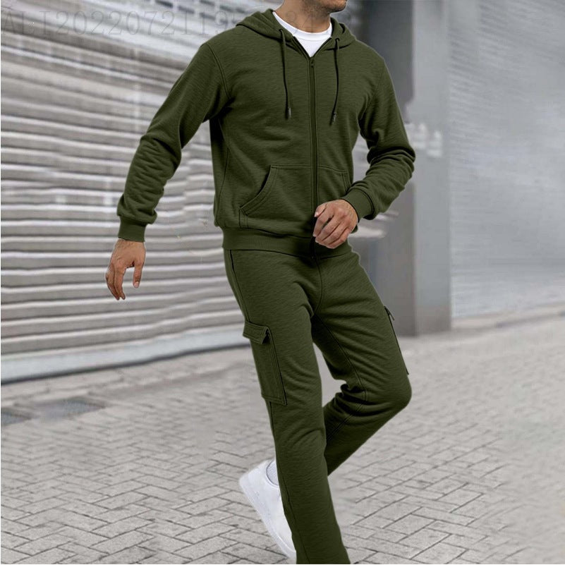 Herren athletischer Zip-Sweatset mit Cargo-Jogginghose, ergonomischen Nähten und gerippten Bündchen – Cavarno