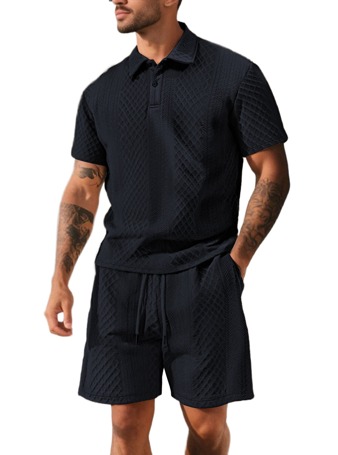 Herren nan strukturiertes Poloshirt- und Bermudashorts-Set aus gesteppter Baumwollmischung Echo Archiv