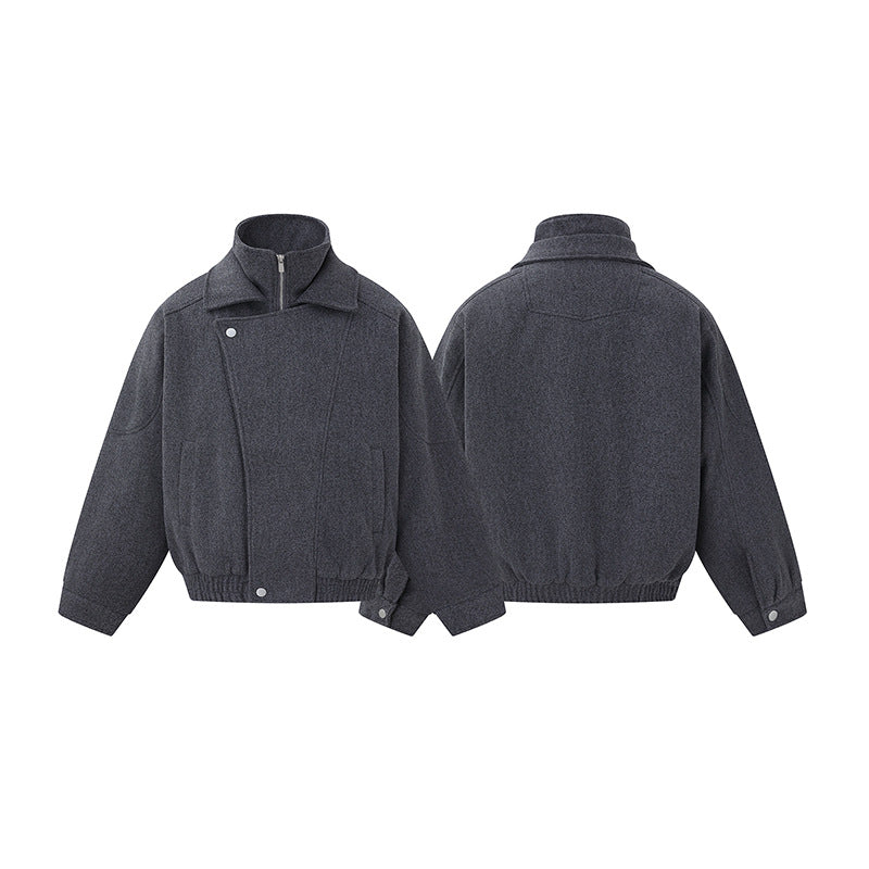 Herren Boxy Wollmix-Blousonjacke mit asymmetrischem Doppelverschluss und hohem Stehkragen Echoarchiv