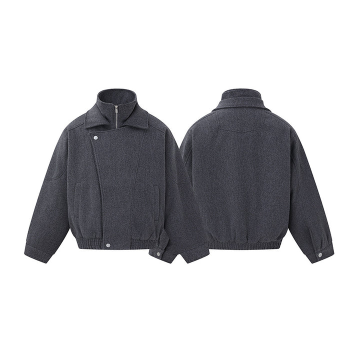 Herren Boxy Wollmix-Blousonjacke mit asymmetrischem Doppelverschluss und hohem Stehkragen Echoarchiv
