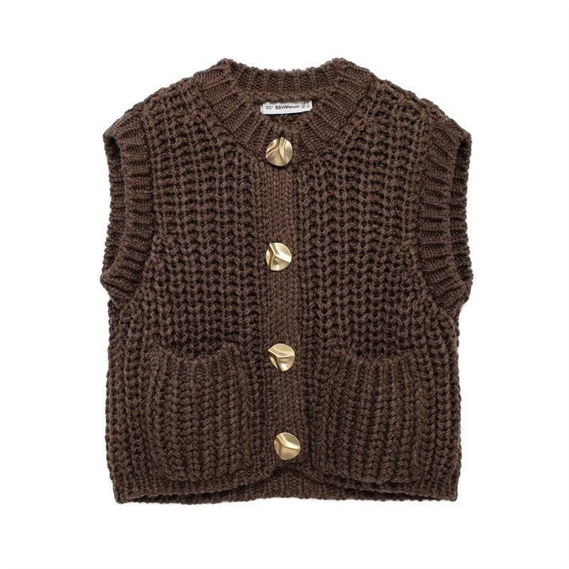 Damen grobgestrickte Woll-Boxy-Weste mit Zierknöpfen und Eingrifftaschen – Veloura