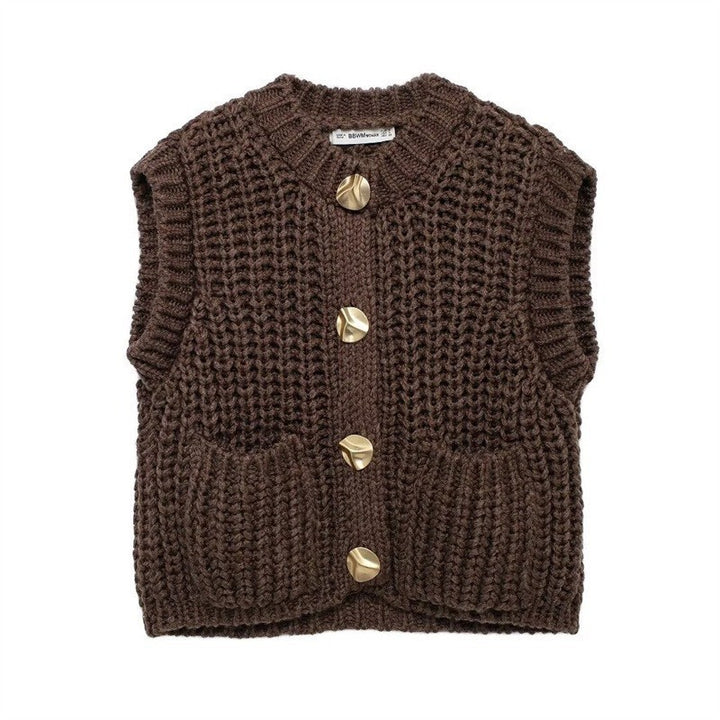 Damen grobgestrickte Woll-Boxy-Weste mit Zierknöpfen und Eingrifftaschen – Veloura