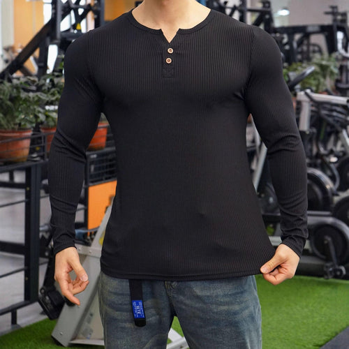 Herren Langarm Henley-Shirt mit strukturiertem Rippdesign Echoarchiv