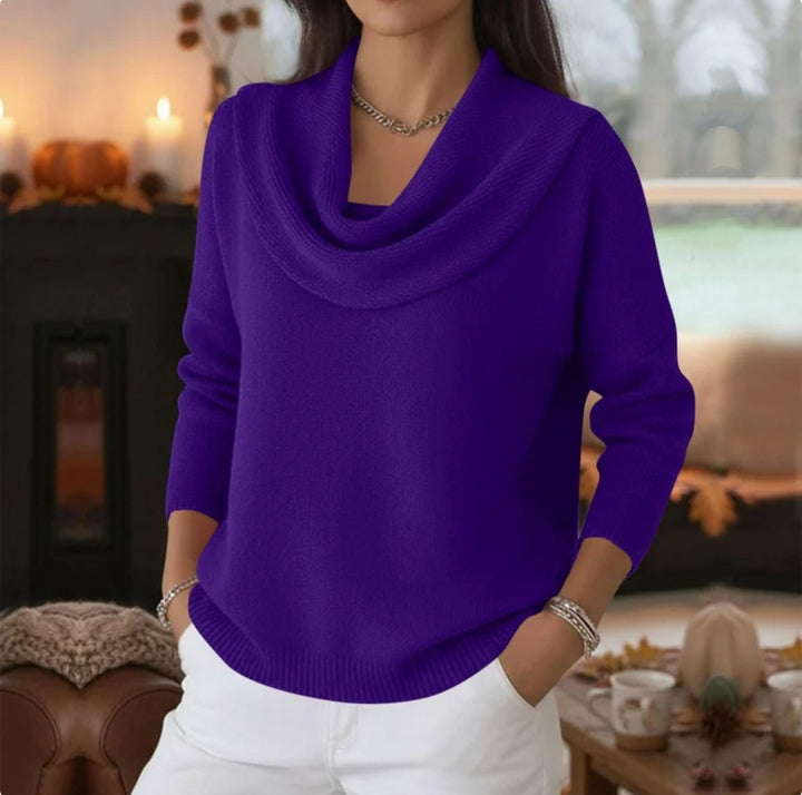 Damen Lässiger Schalkragen-Feinstrickpullover mit überschnittener Schulter und geripptem Saum – Mavelle