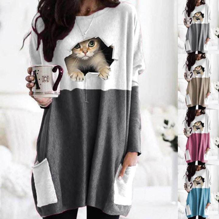 Frauen Längerer Colorblock Strickpullover mit Katzenmotiv und aufgesetzten Taschen Echoarchiv