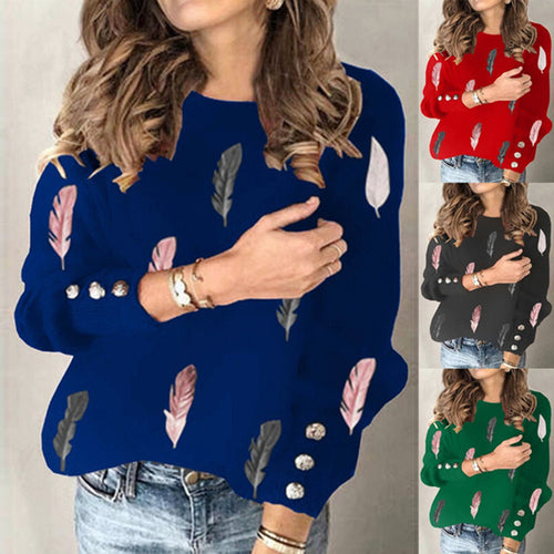 Damen Feinstrickpullover mit Federmotiv, Rundhalsausschnitt und dekorativer Knopfleiste Echoarchiv