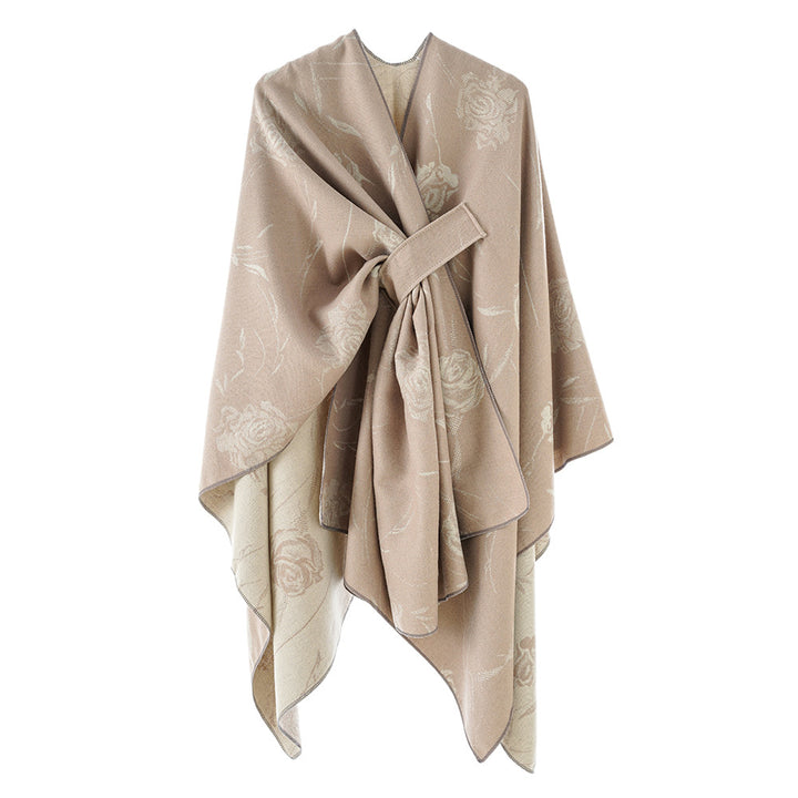 Damen Wendbarer Capeponcho mit Rosen-Jacquard und Bindegürtel Echo Archiv