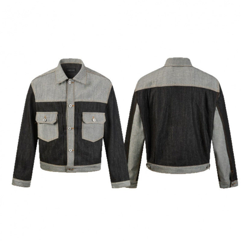 Herren Kurz geschnittene Patchwork-Denimjacke mit aufgesetzten Pattentaschen und konstruktiver Nahtführung Echo Archiv