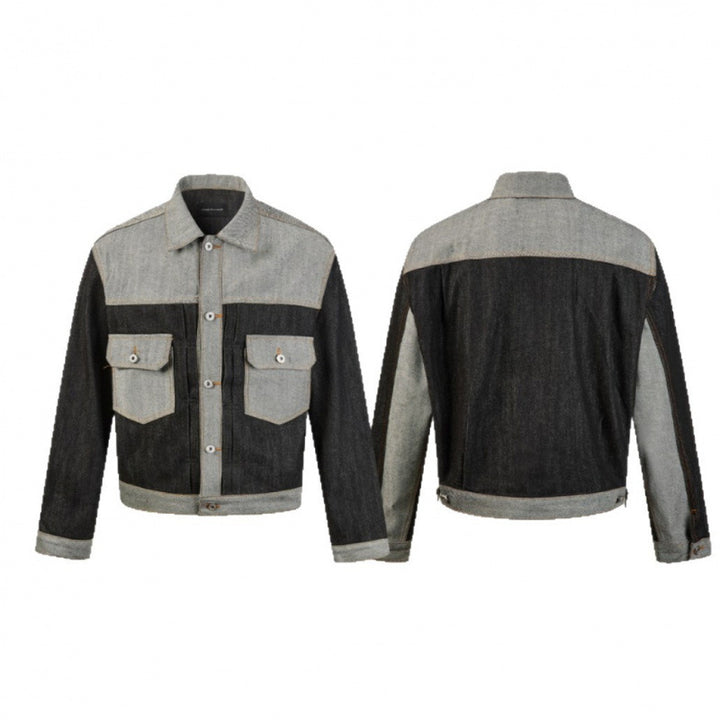 Herren Kurz geschnittene Patchwork-Denimjacke mit aufgesetzten Pattentaschen und konstruktiver Nahtführung Echo Archiv