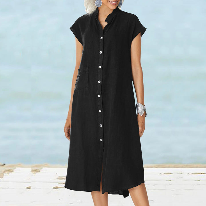 Damen lässiges Midi-Hemdkleid aus Leinen mit Knopfleiste und seitlichen Taschen Echo Archiv