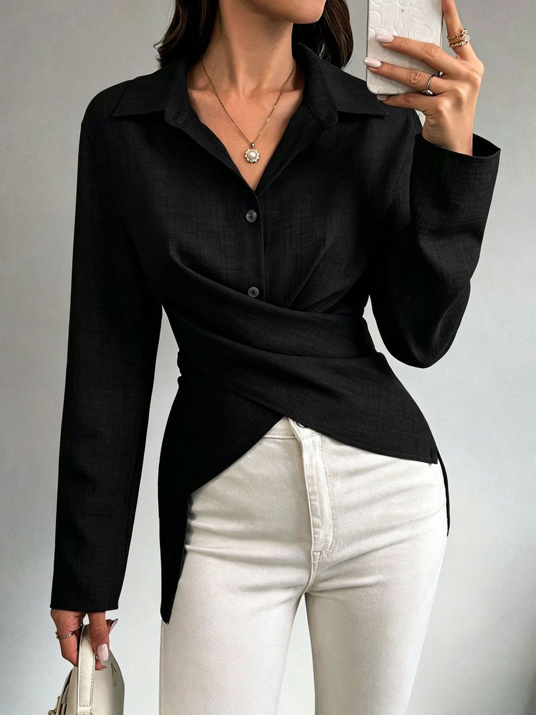 Damen Wickelbluse mit Hemdkragen und asymmetrischem Saum Echoarchiv