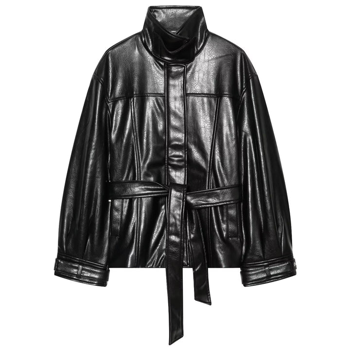 Damen Kurzer Oversize-Kunstledertrench mit hohem Stehkragen und Taillengürtel Echo Archiv