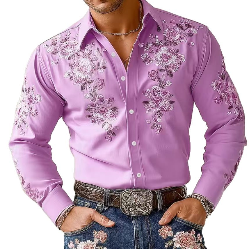 Herren Elegantes Langarmhemd mit floraler Stickerei Echoarchiv