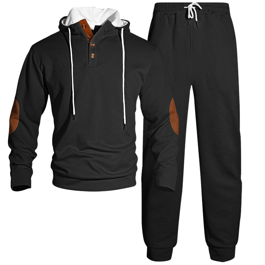 Herren nan Waffelstruktur Henley-Kapuzen-Set mit Holzknopfleiste Ellbogen-Patches und konischer Jogginghose Echo Archiv