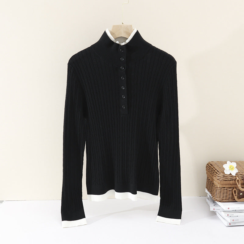 Damen Feinstrick-Polo-Pullover mit Rippstruktur, Stehkragen und Knopfleiste Echo Archiv