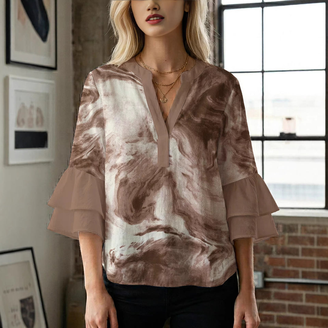 Damen lässige Bluse mit Volantärmeln und botanischem Druck Echo Archiv