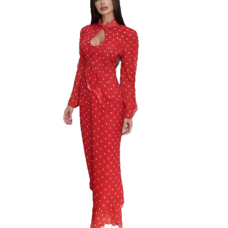 Damen Tailliertes Midikleid mit Schlüsselloch‑Ausschnitt, Schößchen und langen Puffärmeln Echoarchiv