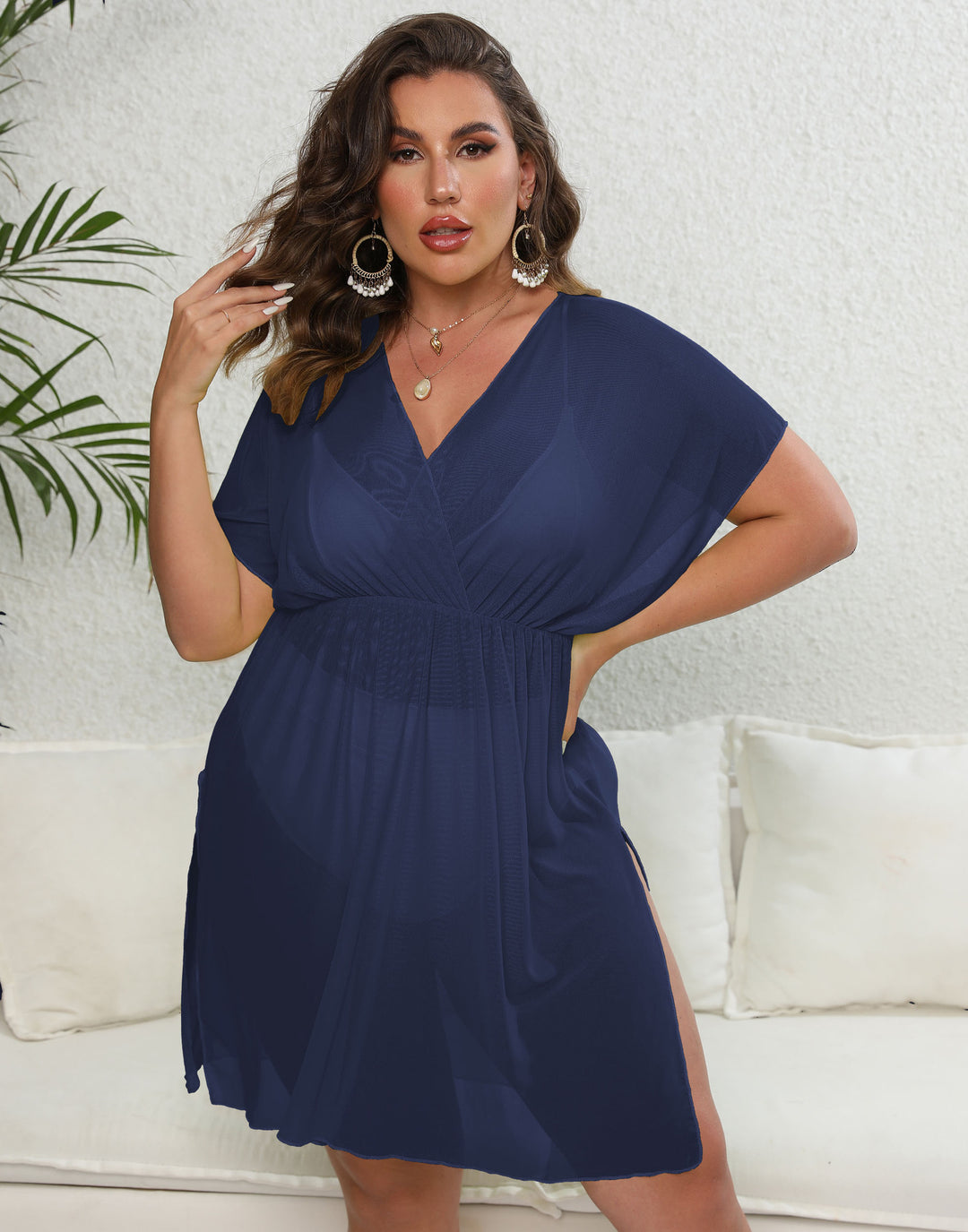 Damen luftiges Strandkleid mit V-Ausschnitt und breiten Ärmeln Echo Archiv