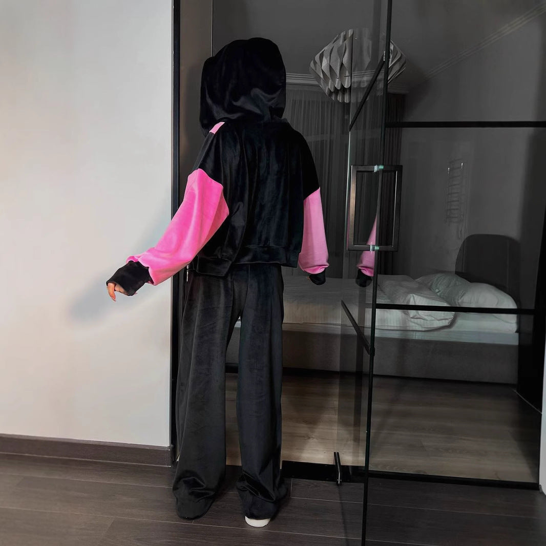 Damen kurze Velours-Zipperjacke mit V-förmigem Einsatz, überschnittenen Ärmeln und elastischem Saum – Célinea