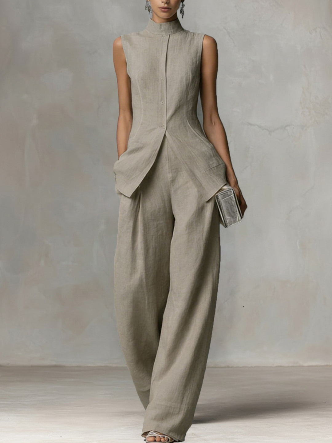 Damen Ärmelloser Leinen-Jumpsuit mit Stehkragen und weitem Bein Echoarchiv