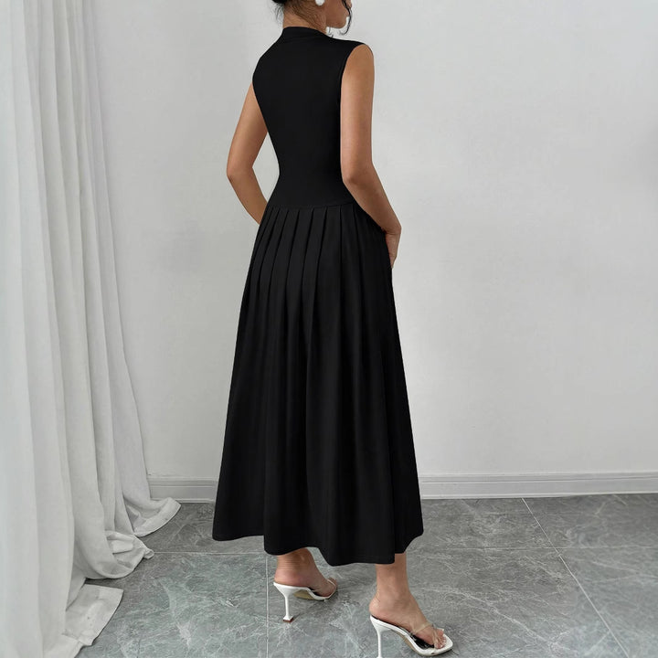 Damen Ärmelloses Maxikleid mit hohem Stehkragen, tailliertem Oberteil und plissiertem Rock – Avérine