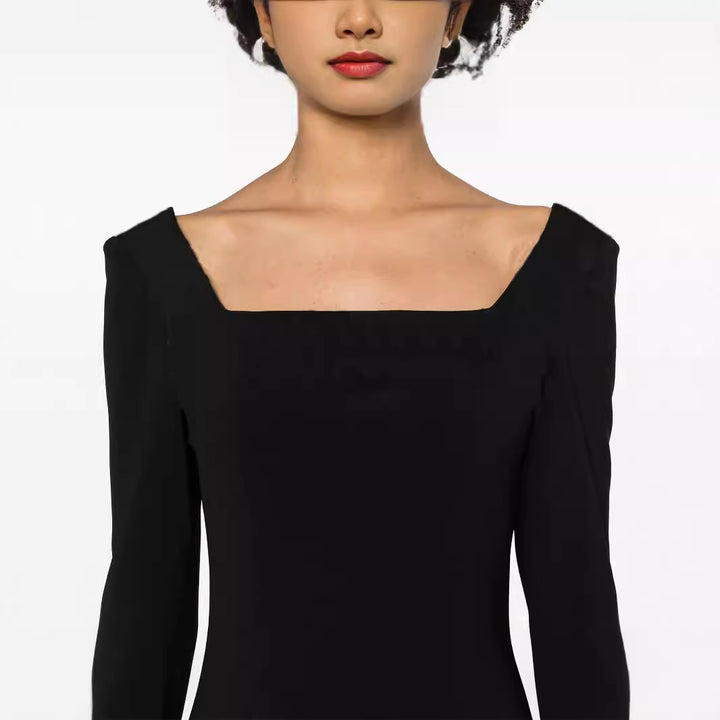Damen Maxilanges Abendkleid im minimalistischen A-Linien-Schnitt mit quadratischem Ausschnitt und langen Ärmeln Echoarchiv