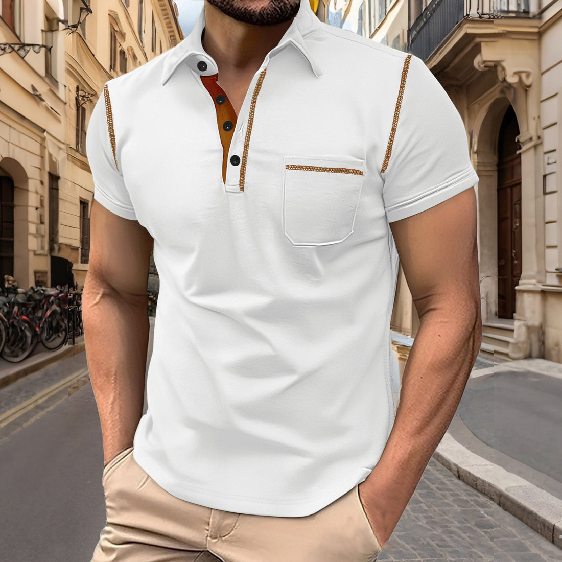 Herren Kurzarm-Polo mit Brusttasche, kontrastierender Steppnaht und Hemdkragen – Cavello
