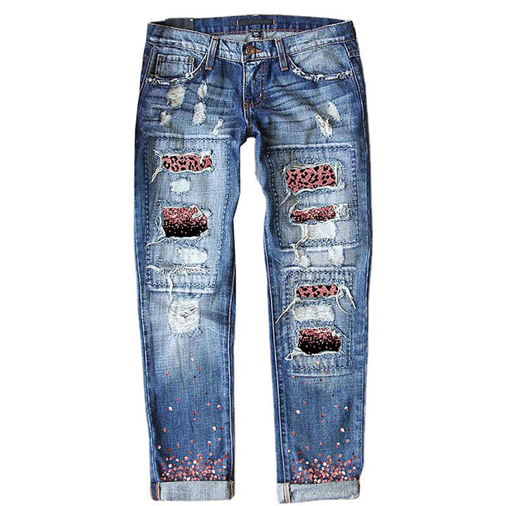 Damen nan verwaschene schmale Jeans mit Leopardenpatches und Glitzerbesatz Echo Archiv