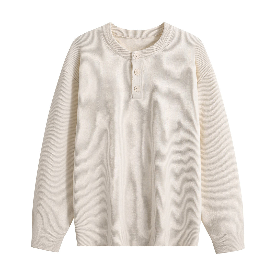 Unisex Oversize Rippstrick-Henley-Pullover mit 3‑Knopf-Leiste Echoarchiv