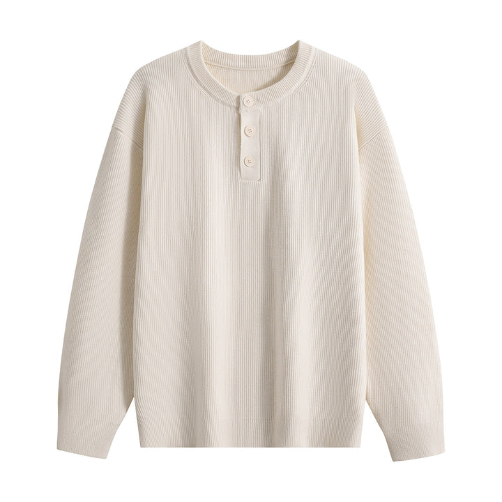 Unisex Oversize Rippstrick-Henley-Pullover mit 3‑Knopf-Leiste Echoarchiv