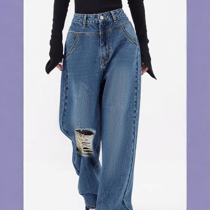 Damen hochtaillierte Oversized-Baggy-Jeans mit Knie-Rip und weitem Bein Echo Archiv