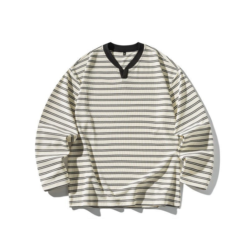Unisex Gestreiftes Strukturiertes Longsleeve mit Notch-V-Ausschnitt und Rippenstruktur Echoarchiv