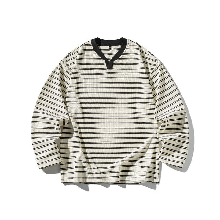 Unisex Gestreiftes Strukturiertes Longsleeve mit Notch-V-Ausschnitt und Rippenstruktur Echoarchiv