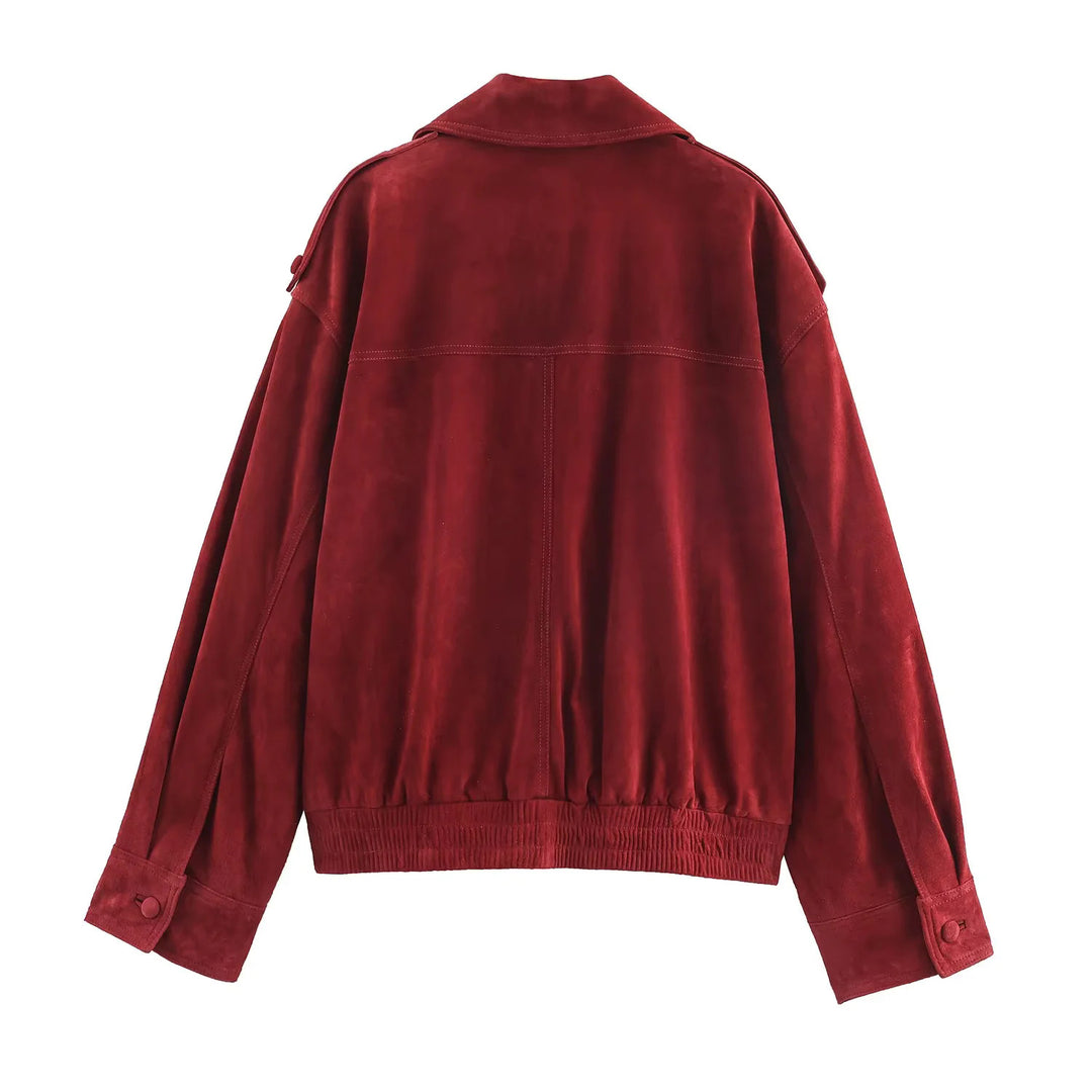 Damen nan oversized Wildlederoptik-Bomberjacke mit großem Schalkragen, Doppelreiher und elastischem Saum Echo Archiv