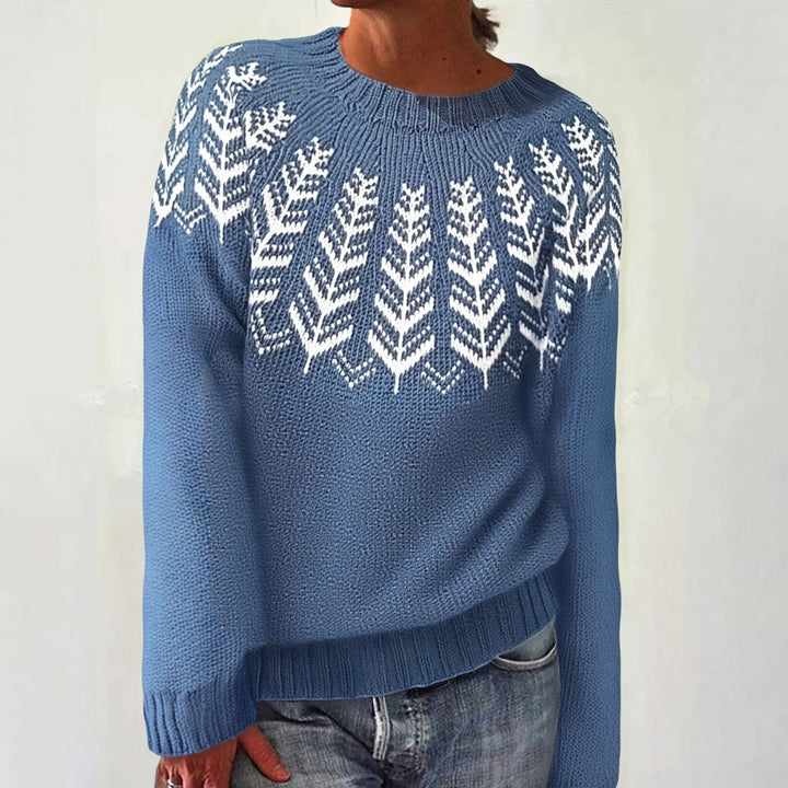 Damen nan melierter Rundhalsausschnittpullover mit kreisförmigem Jacquard-Yoke und geripptem Saum Echo Archiv