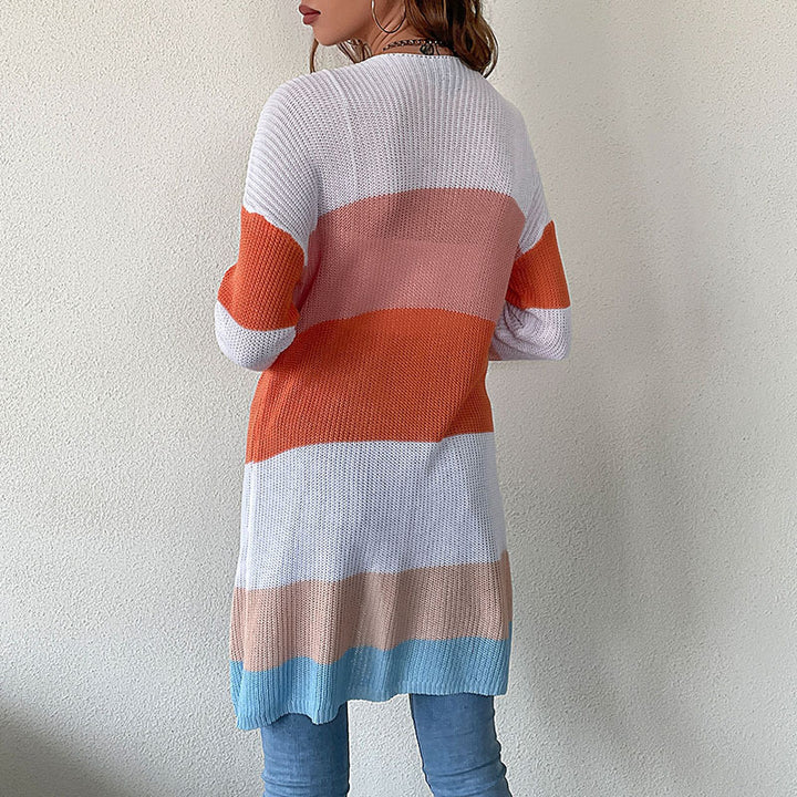 Damen Longline Feinstrick-Cardigan mit bunten Blockstreifen und seitlichen Eingrifftaschen Echoarchiv