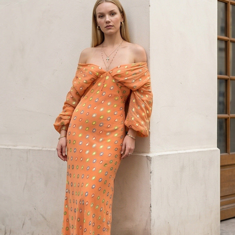 Damen Elegantes Off-Shoulder Maxikleid mit gedrehtem Vorderteil und Ballonärmeln Echoarchiv