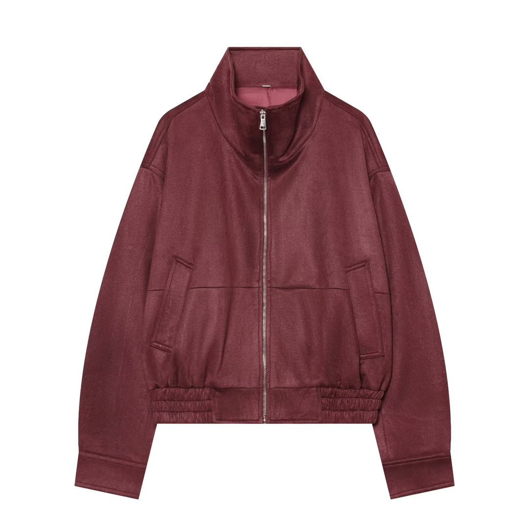 Damen Kurzblouson aus Velourslederoptik mit Stehkragen und elastischem Saum Echo Archiv