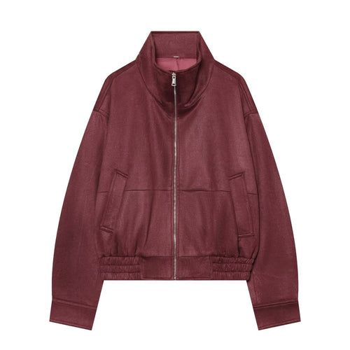 Damen Kurzblouson aus Velourslederoptik mit Stehkragen und elastischem Saum Echo Archiv
